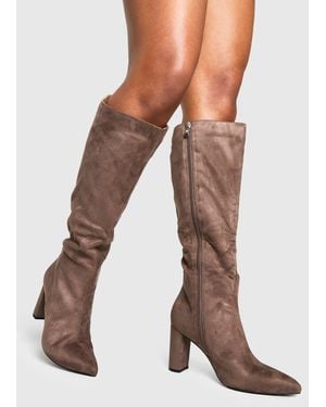 Boohoo Wide Fit Faux Suede Block Heel Knee High Boots - Brown