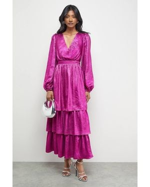 Warehouse Metallic Plunge Neck Tier Midi Dress - Pink