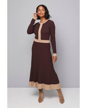 Wallis Tipped Pleated Hem Knitted Midi Dress - Brown