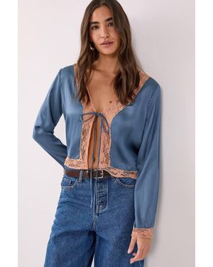 Nasty Gal Cutwork Lace Tie Front Long Sleeve Top - Blue