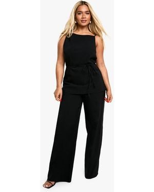 Boohoo Plus Belted Top And Wide Leg Trouser Co Ord - Black