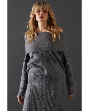 Warehouse Cable Front Slouchy Bardot Sweater - Black