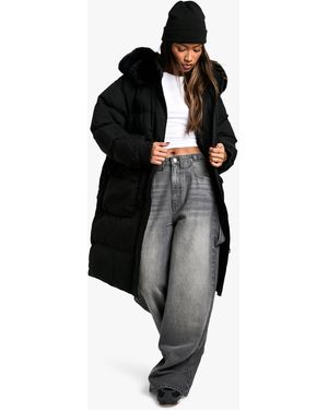 Boohoo Parka Premium Con Ribete De Pelo Sintético - Negro