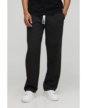 BoohooMAN Elasticated Waistband Relaxed Pinstripe Casual Pants - Black