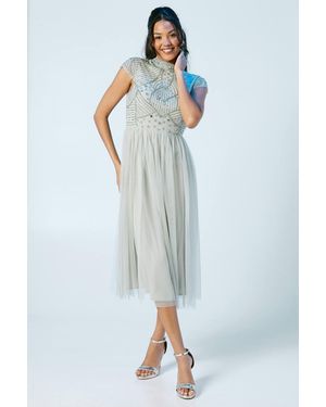 Coast Linear Encrusted Beaded Cap Sleeve Bridesmaid Midi Dress - Blue