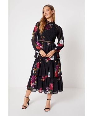 Oasis Floral Lace Trim Dobby Chiffon Tiered Midaxi Dress - White