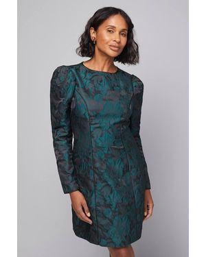 Wallis Floral Jacquard Puff Sleeve Shift Dress - Blue