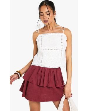Boohoo Cotton Poplin Crochet Patchwork Strappy Cami Top - Red