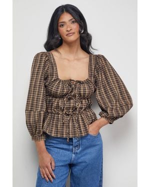 Warehouse Flannel Tie Front Square Neck Blouse - Brown