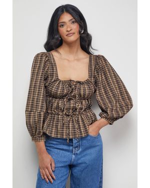 Warehouse Flannel Tie Front Square Neck Blouse - Brown