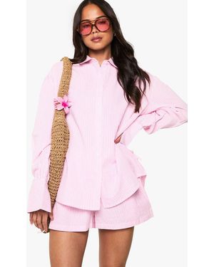 Boohoo Crinkle Stripe Tie Cuff Shirt And Short Co-Ord - Pink