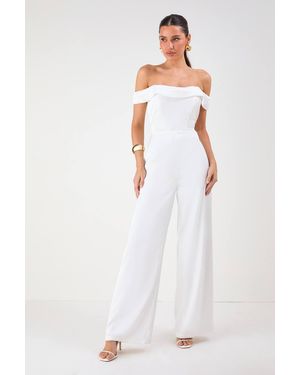 MissPap Satin Bardot Wide Leg Jumpsuit - White