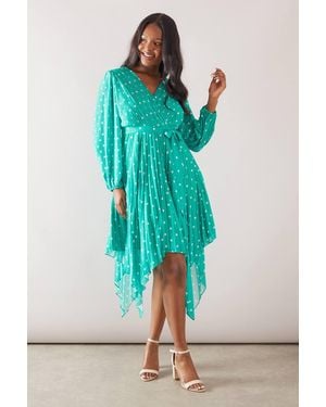 Wallis Spot Pleated Asymmetric Wrap Chiffon Midi Dress - Green