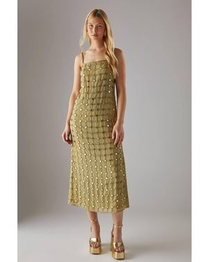 Warehouse Hand Embellished Sequin Grid Strappy Column Midi Dress - Green