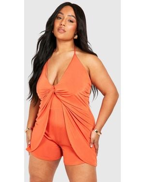 Boohoo Plus Slinky Knot Detail Strappy Playsuit - Orange