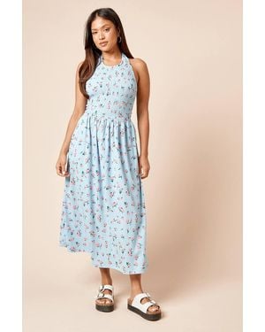 Dorothy Perkins Petite Floral Shirred Bodice Halterneck Jersey Midi Dress - Blue