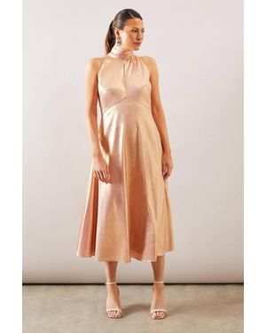 Wallis Occasion Metallic Tie Neck Midi Dress - Natural