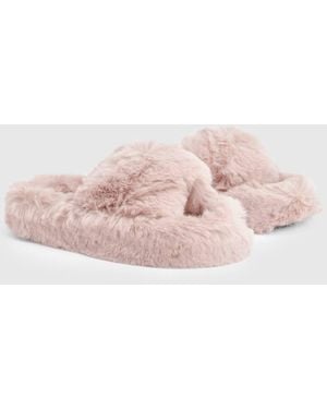 Boohoo Fluffy Cross Front Platform Slippers - Pink