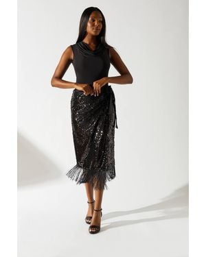 Coast Party Sequin Fringe Hem Wrap Skirt - Black