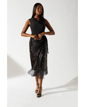 Coast Party Sequin Fringe Hem Wrap Skirt - Black