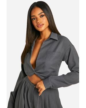 Boohoo Woven Relaxed Fit Twist Front Shirt - Gray