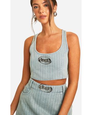 DSGN Studio Dsgn Badge Vintage Tint Stripe Denim Crop Top - Blue