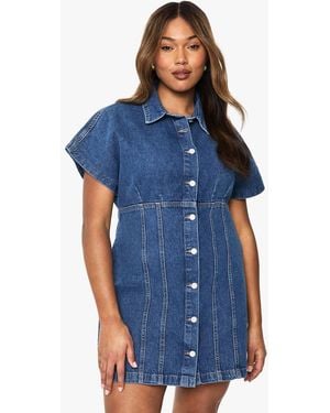 Boohoo Plus Button Down Denim Mini Dress - Blue