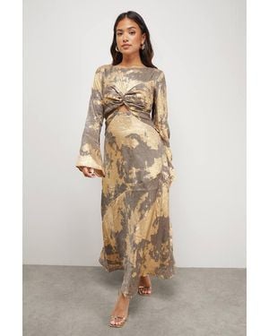 Warehouse Petite Metallic Marble Twist Front Bias Midi Dress - Natural