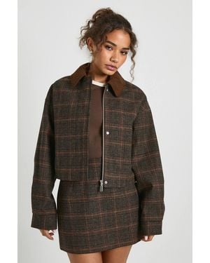 Boohoo Contrast Collar Flanneled Wool Look Bomber Jacket - Brown