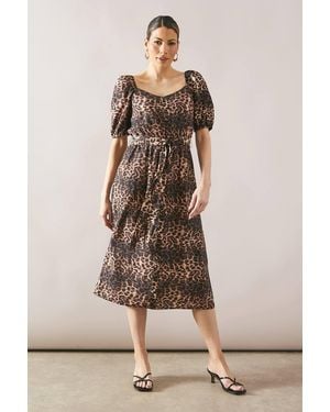Wallis Leopard Print Button Belted Midi Dress - Natural