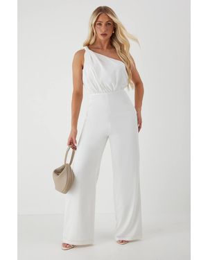 MissPap Knot Detail Asymmetric Neck Wide Leg Jumpsuit - White