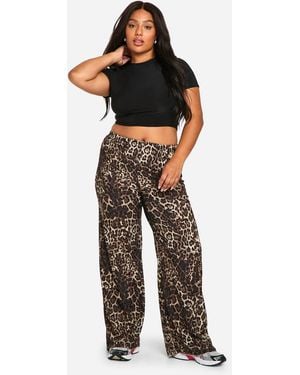 Boohoo Plus Leopard Print Jersey Wide Leg Pants - Brown