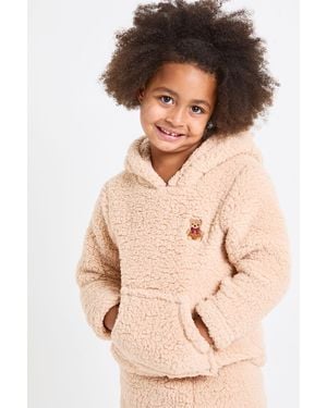 Boohoo Kids Matching Family Bear Embroidered Fleece Hoody & Trousers Lounge Set - Neutro