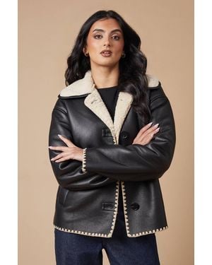 Oasis Faux Leather Button Detail Aviator Jacket - Black