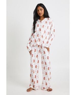 Boohoo Christmas Candy Cane & Bear Print Long Sleeve Shirt & Pants Pyjama Set - White