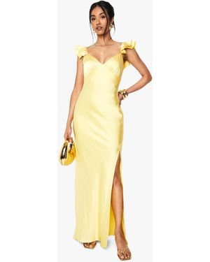 Boohoo Satin Frill Sleeve Split Maxi Dress - Metallic