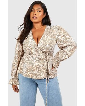 Boohoo Plus Leopard Ruffle Wrap Top - Blue