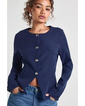 Boohoo Trim Collarless Blazer - Blue