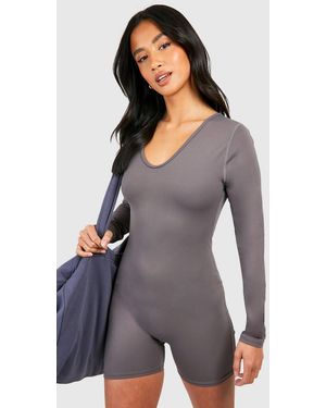 Boohoo Petite Super Soft Peached Long Sleeve Unitard - Gray