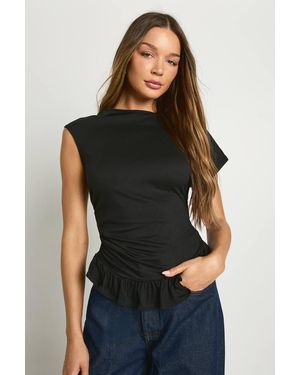 Boohoo Peached Jersey Wide Neck Frill Hem Top - Black