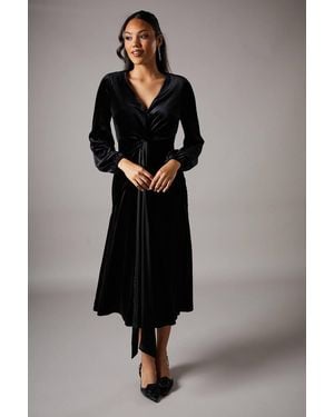Coast Velvet Long Sleeve Tie Midi Wedding Guest Dress - Black
