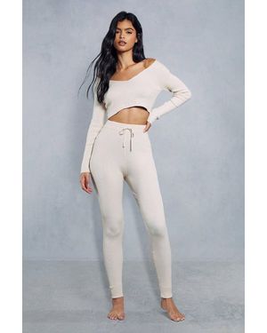 MissPap Knitted Ribbed Off The Shoulder Legging Co-Ord - Blue