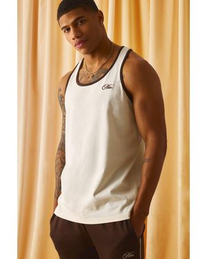 BoohooMAN Regular Embroidered Ringer Racer Tank - Natural