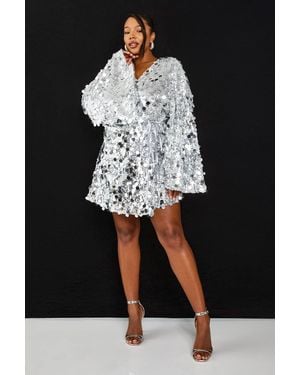 Boohoo Plus Disc Sequin Wrap Flare Sleeve Dress - Black