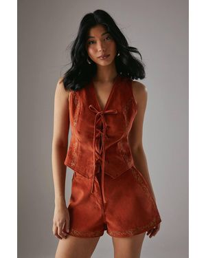 Warehouse Hcd Cord Embroidered Lace Up Waistcoat - Brown