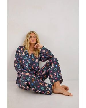 Nasty Gal Satin Western Conversational Contrast Piped Pajama Pants Set - Black