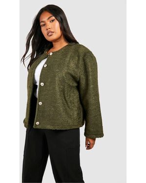 Boohoo Plus Collarless Textured Jacket - Green