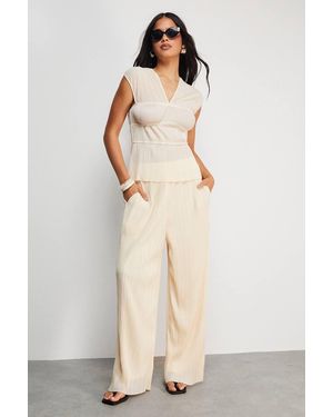 Warehouse Plisse High Waisted Wide Leg Pants - Natural
