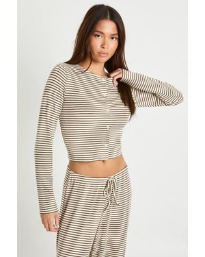 Boohoo Striped Long Sleeve Button Through Top - Natural
