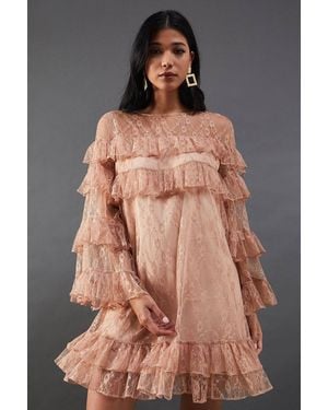 Warehouse Chantilly Lace Tier Mini Smock Dress - Brown